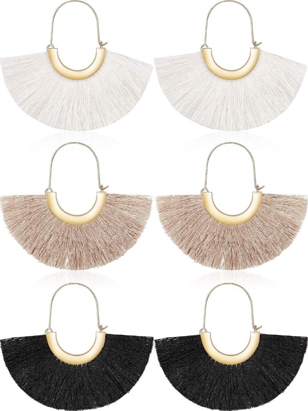 3 Pairs Fan Tassel Earrings, Beige, Grey, Black